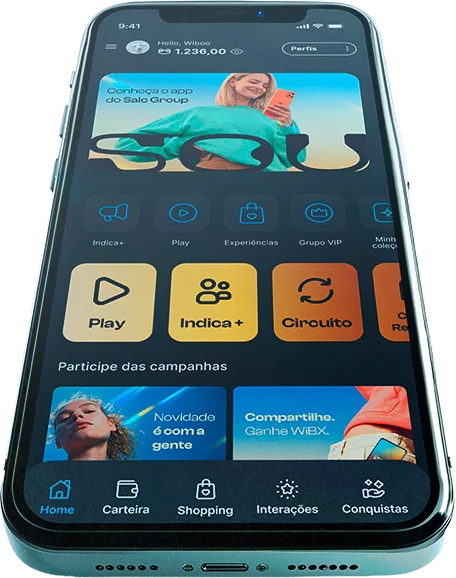 Tela inicial do app SOU com as mecânicas Play, Indica+ e Circuito